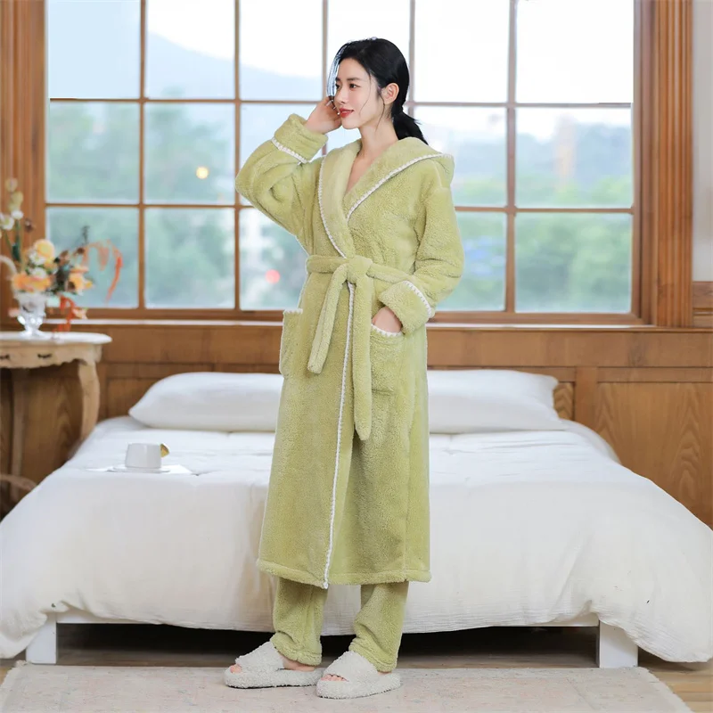 Women New Autumn Winter Nightgown Thicken Warm Flannel Robes Long Sleeve Hooded Sweet Cute Comfortable Home wear