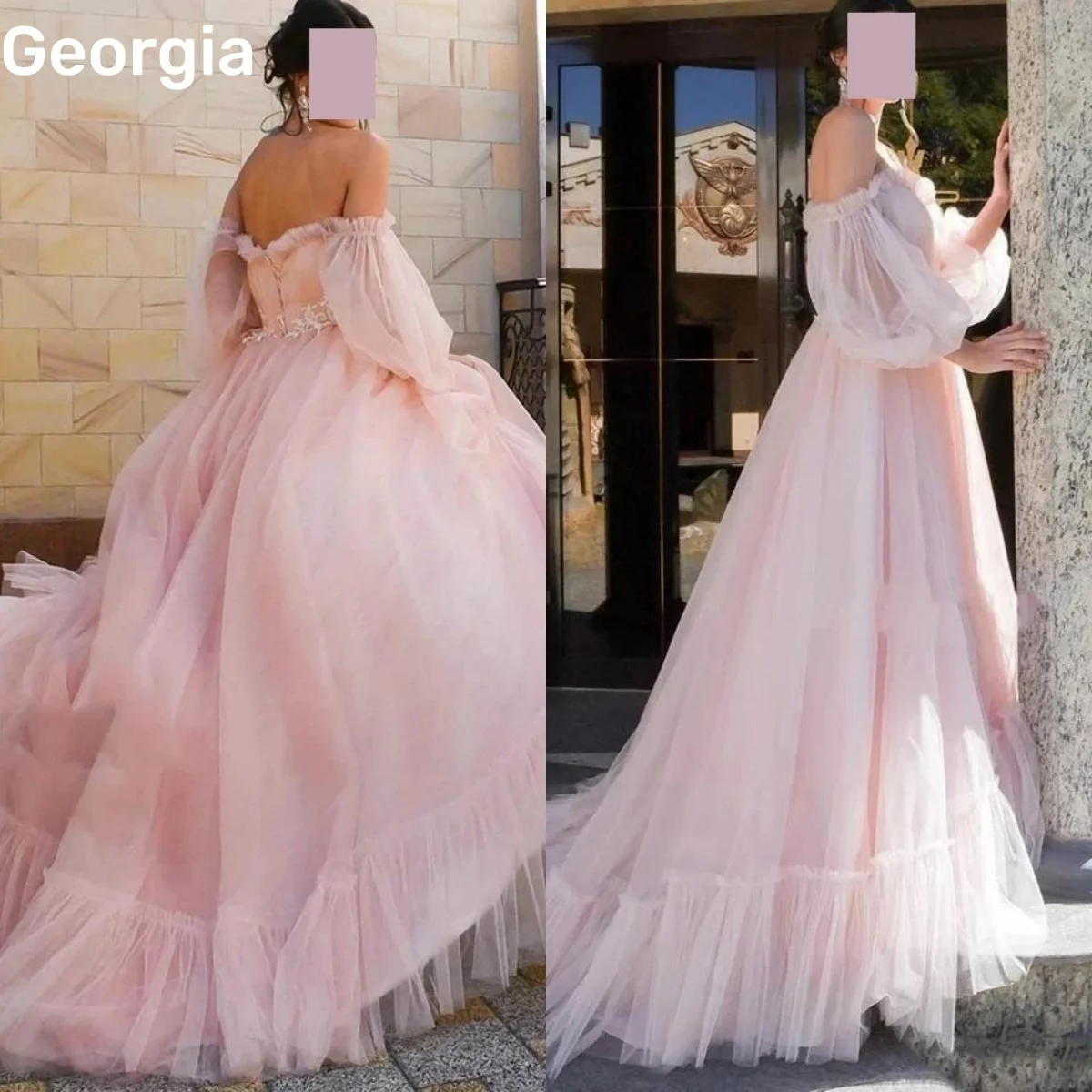 

Evening Dress Customize Off-The-Shoulder Floor-Length Princess Elegant And Pretty Women'S Dresses Pink Zipper Up Long Sleeves Co