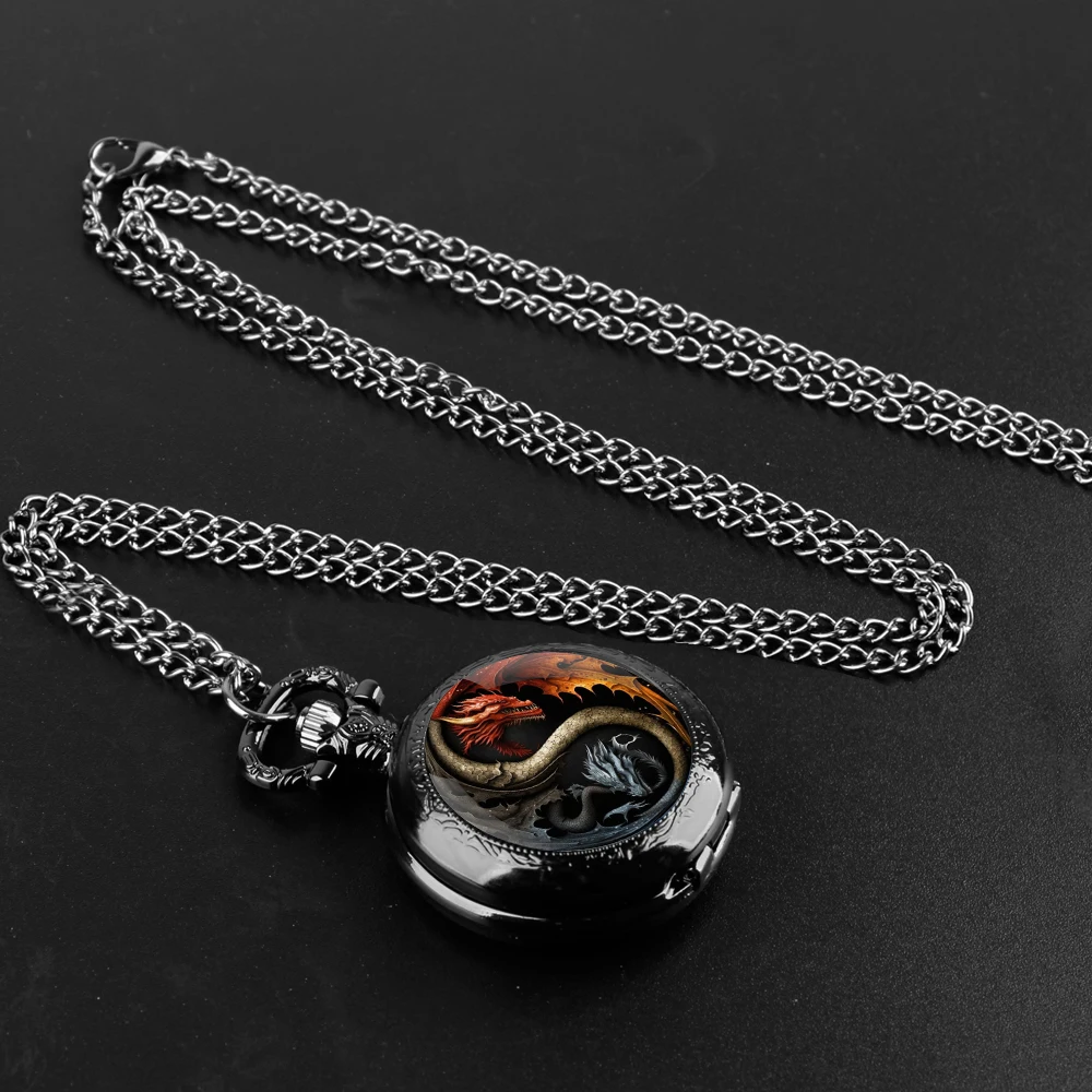 Yin-Yang Dragon Unique Creative Quartz Pocket Watches Necklace Accessory Chain Clock Kids Souvenir Best Gifts For Children Men