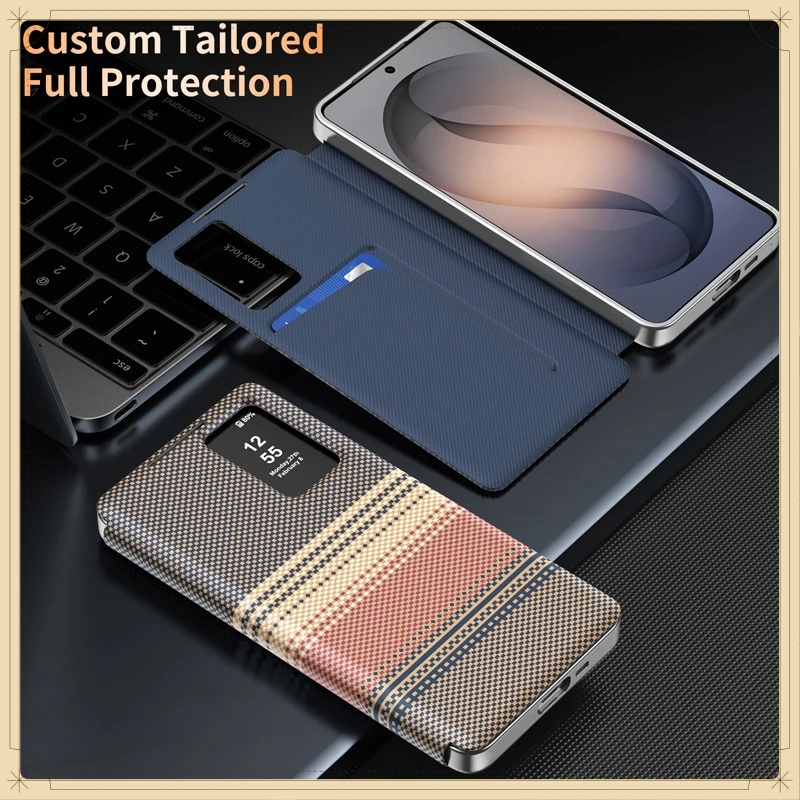 Case For Samsung S26 25 24 23 FE, A56 A36 A17 A37 A57 A55 ELVEV Texture PU Leather Card Slot Cover with Window View