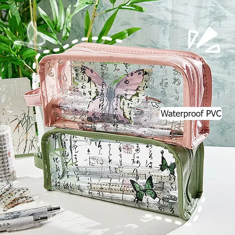 1Pc China Ancient Aesthetics Butterfly Calligraphy Art Pencil Case Girl Transparent Visual Pen Bag Makeup Pouch School Supplies