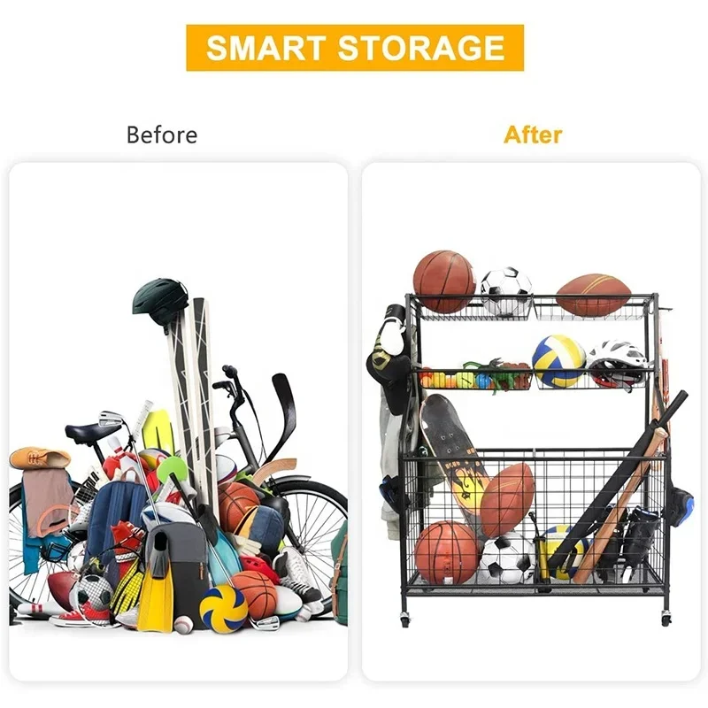 Outdoor Metal Sports Equipment Storage Rack Garage Basketball Organizer For Ball Outdoor Cart With Baskets And Hooks