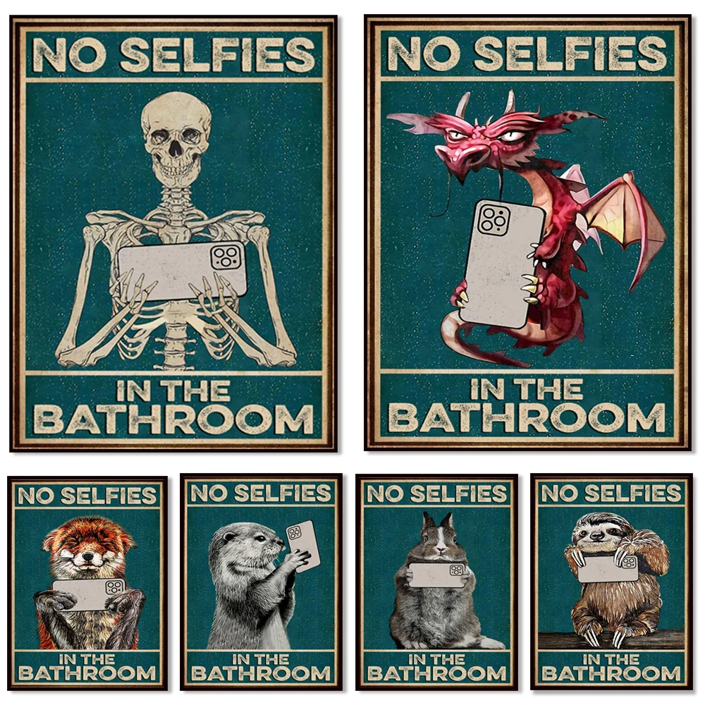 Bathroom no selfie poster, skull, black cat, otter, rabbit, sloth, fox, dragon, raccoon poster, funny animal print gift