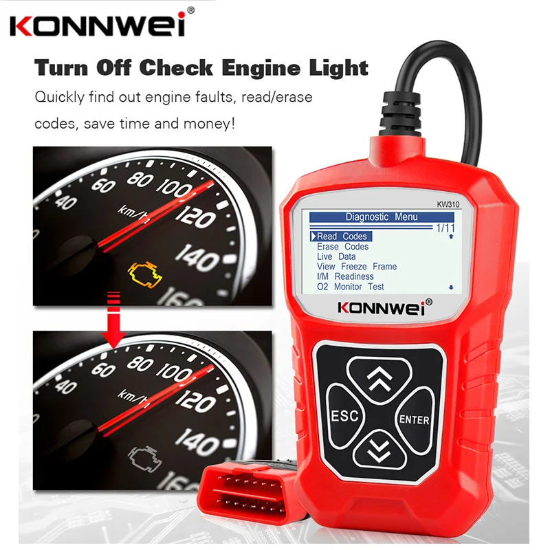 KONNWEI KW310 OBD2 Scanner Russian Language Car Diagnostics Tool OBD 2 Car Scanner for Auto ODB2 Car Tools PK ELM327