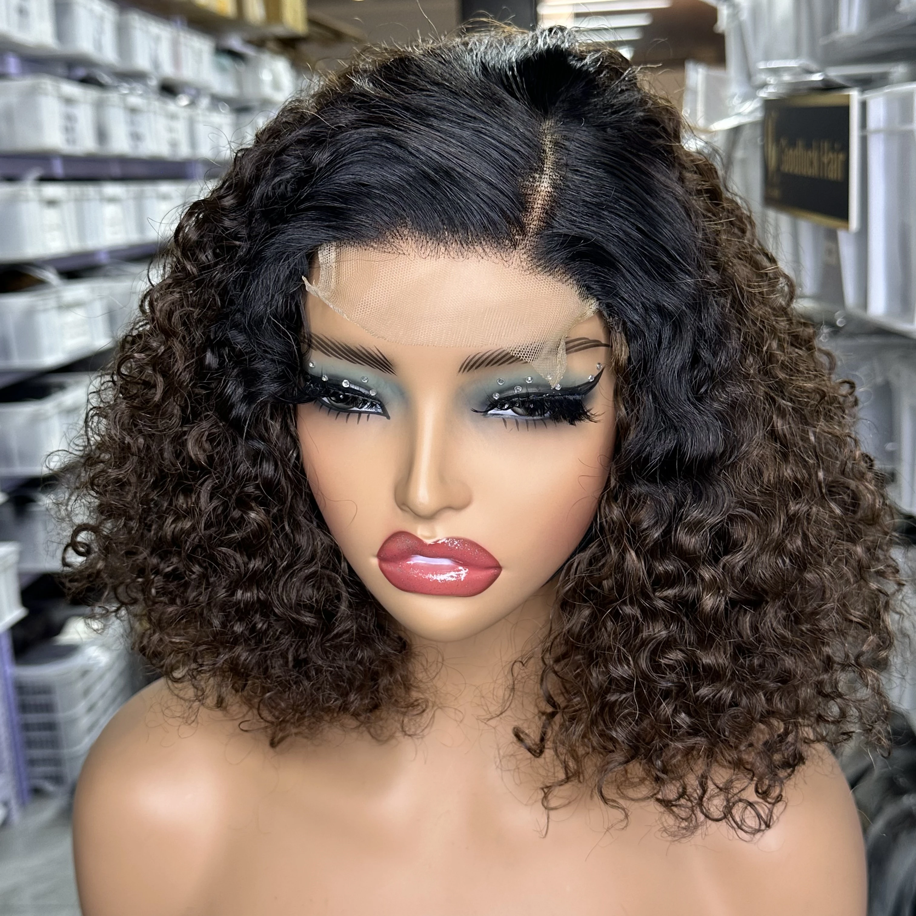 Jerry Curly Short Bob Wig Ombre Brown Water Wave 4x4 Lace Closure Human Hair Wigs for Women Preplucked Vietnam Glueless Lace Wig