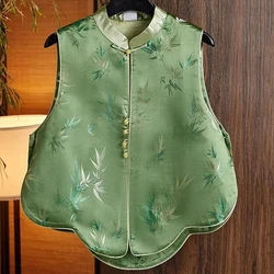 Chinese Style Women's Clothing Song Jin Vest Green Round Neck Buckle Printing Sleeveless Top Vest Autumn Fashion Zen Waistcoat