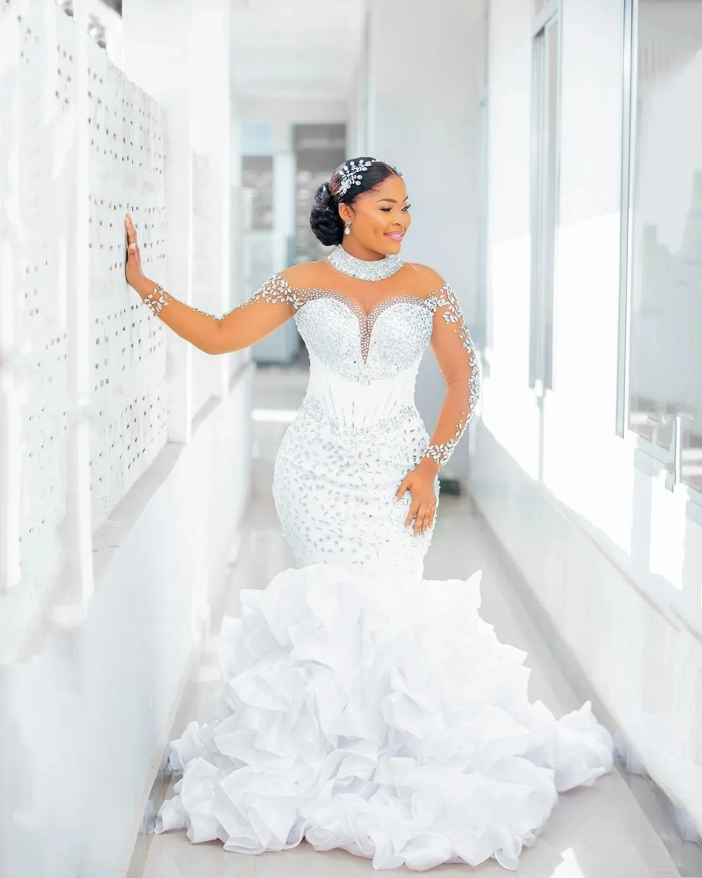 Customized Plus Size African Mermaid Wedding Dress Bride Gowns For Bride Illusion High Neck Long Sleeves Tiered Pleated