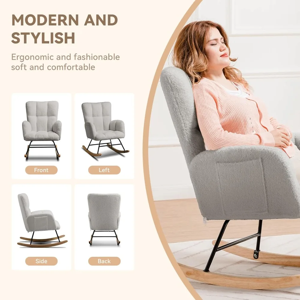 Nursery Rocking Chair with Footstool, Teddy Glider Rocking Chair with High Back Reading Chair for Bedroom, Living Room