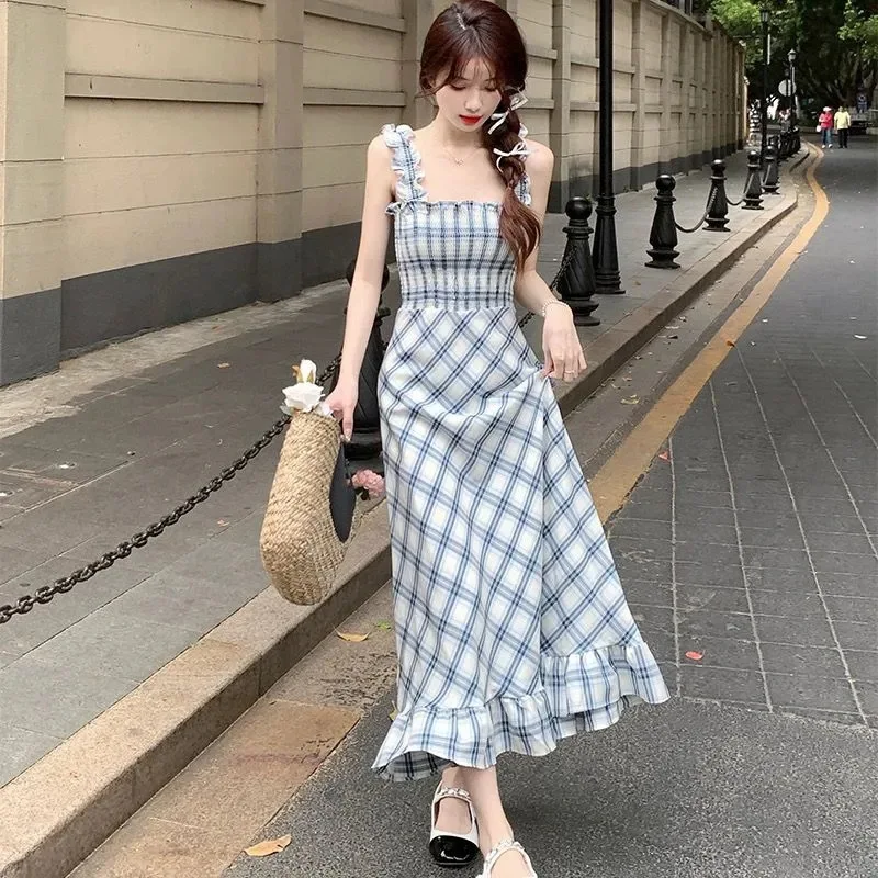 Spring and Autumn New Square Collar High Waist Slimming Long Summer Sleeveless Plaid Suspender Dress