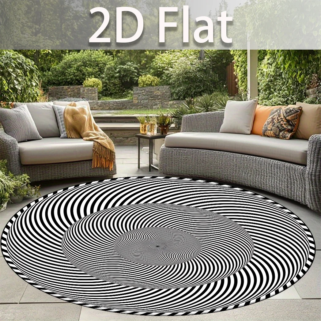 Modern Minimalist Circular Floor Mat Black White Spiral Swirl 3D Optical Illusion Printed Round Rug for Bedroom Home Decor