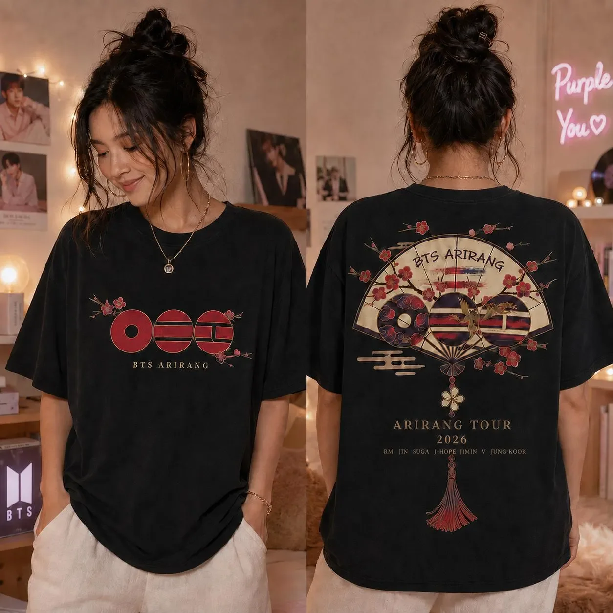2026 BT21 Arirang Tour 2026 Double Sided T-shirt Korean Fan Cherry Blossom Graphic Tee Unisex Kpop Fans Short Sleeve Shirt