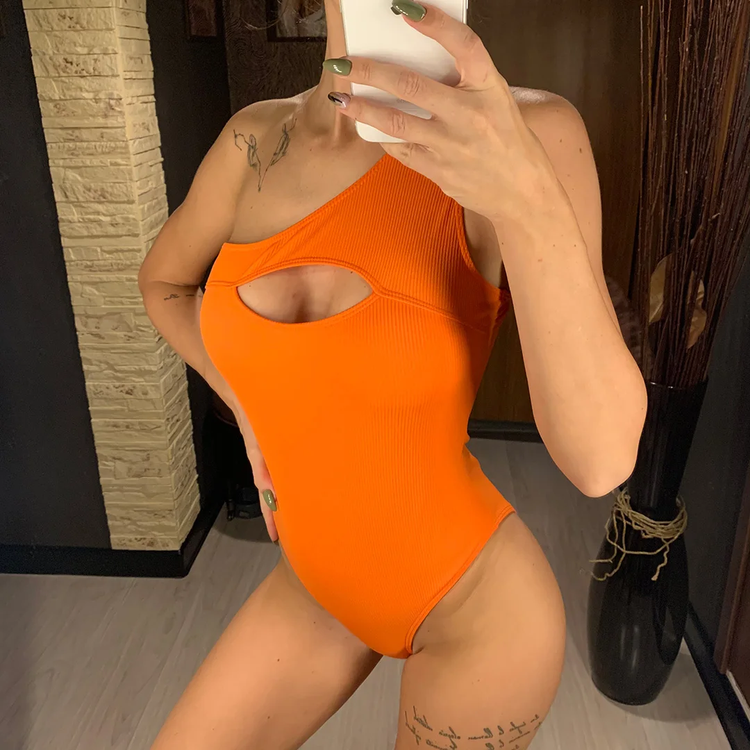 Einschultriger Monokini-Badeanzug mit Cut-Outs, gerippt, orange, einteiliger Badeanzug, sexy, schwarz, Damen-Bademode V1981 – Detail 11