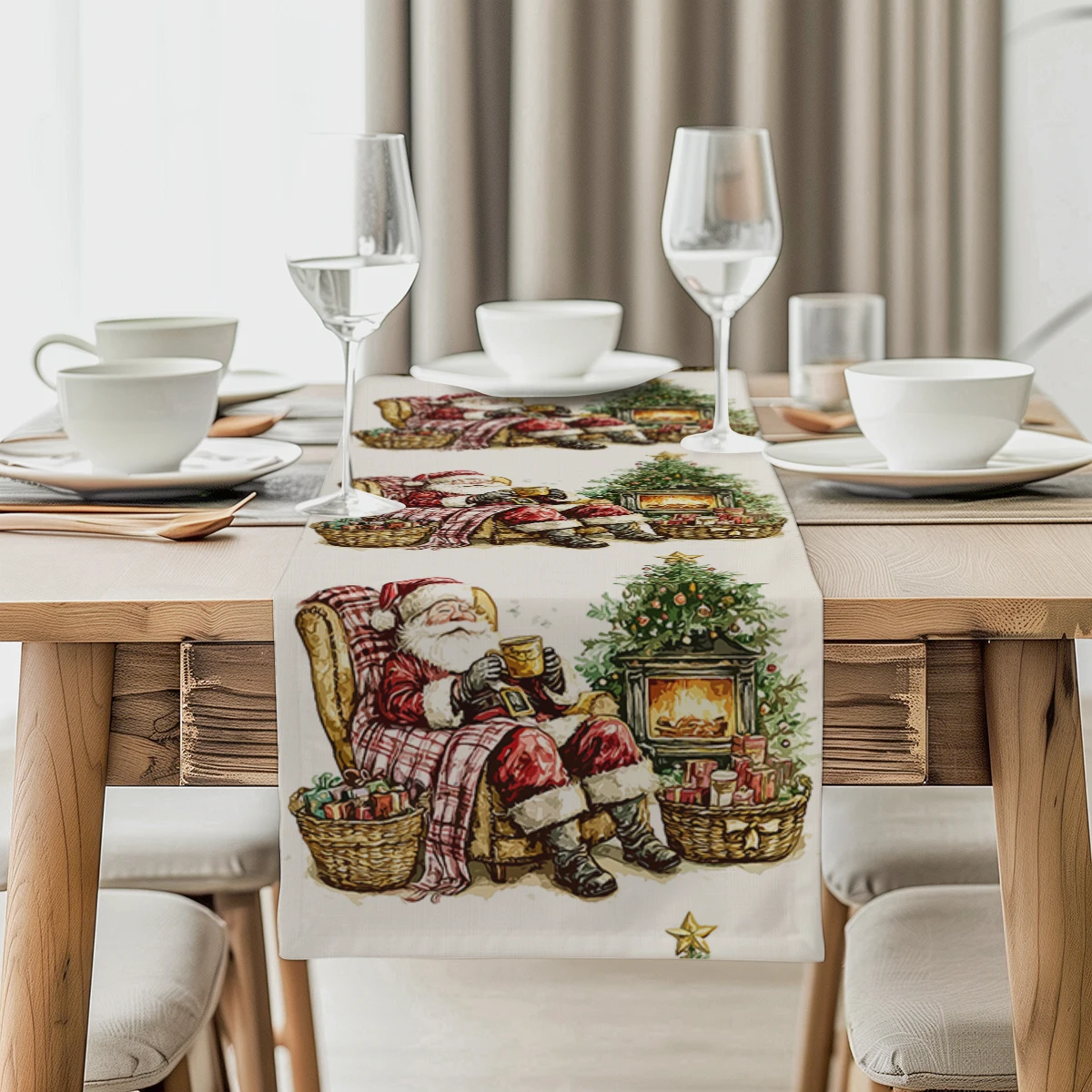 

Christmas Watercolor Santa Table Runner Rustic Dining Table Decorations Table Runners for Wedding Party Coffee Hotel Home Decor
