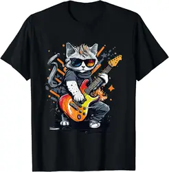 Rock Cat Playing Guitar Funny Guitar Cat T-Shirt for Men Women Kids Music Festival Clothes Graphic T Shirts Cotton Print Casual