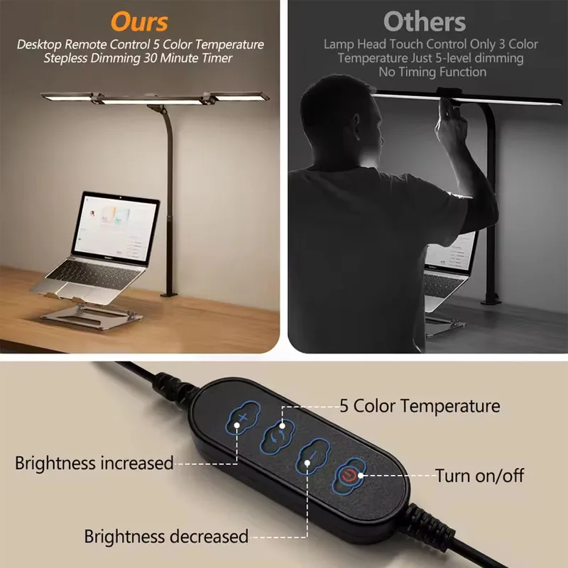 LED Desk Lamp Eye-Caring Desk Light with Stepless Dimming Adjustable Flexible Gooseneck with Clamp for Reading Study Workbench
