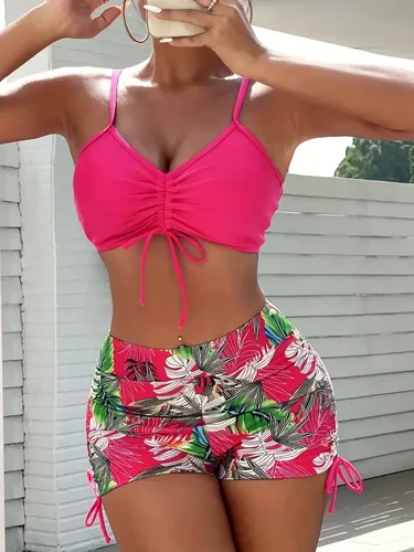 Imagen 2 del producto Conjunto de Bikini de cintura alta con cuello en V y estampado de hojas tropicales, trajes de baño de dos piezas, traje de baño y ropa para mujer, biquinis para mujer