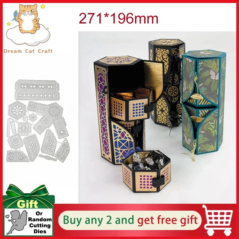 Caja hexagonal de enlace oculta, juego de troqueles, Cajas de Regalo, troqueles de corte, fabricación de tarjetas de álbum de recortes, manualidades de papel, plantilla de Metal, creación sorpresa