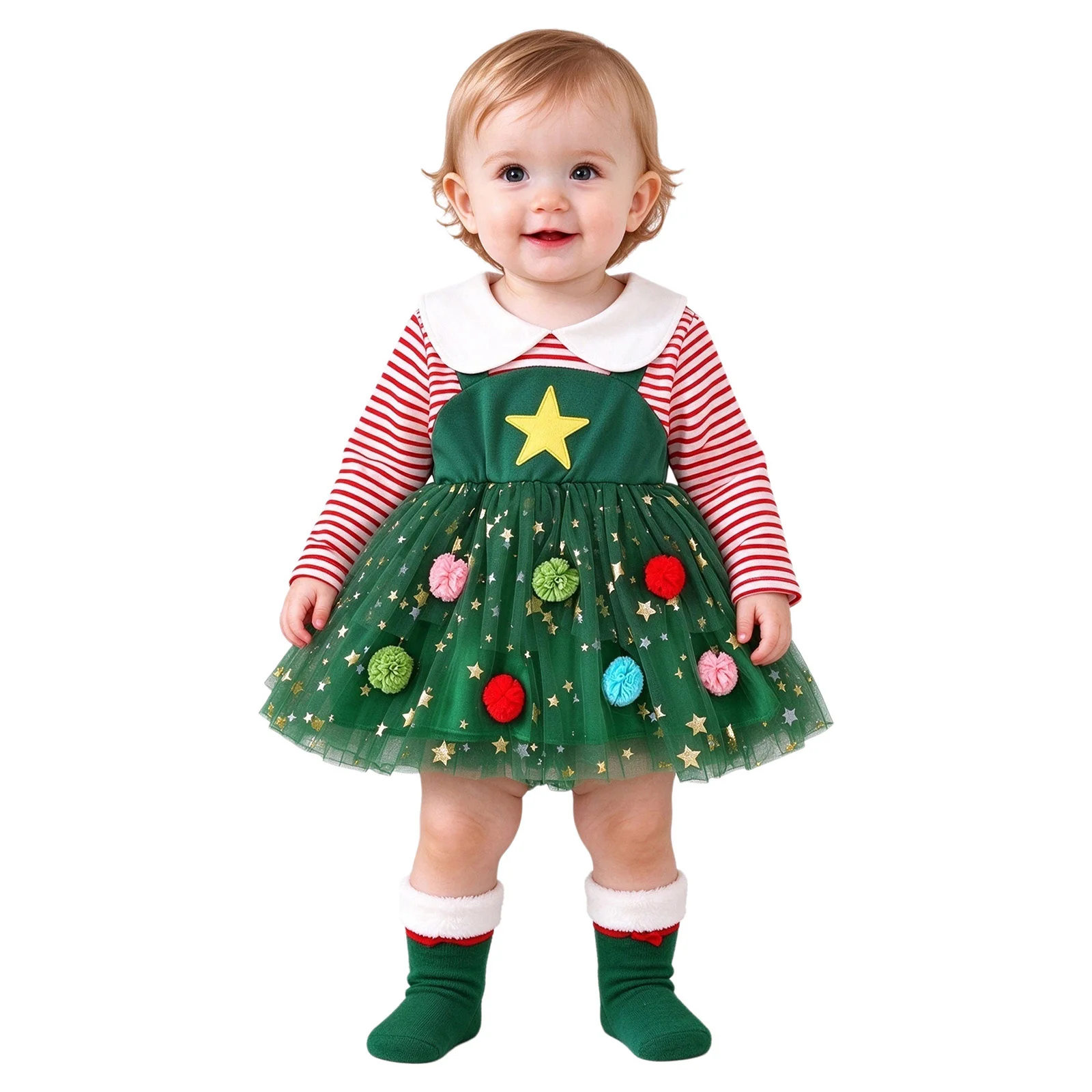 Toddler Baby Girls Spring Fall Christmas Dress Long Sleeve Striped Bodice Star Sequin Layered Tulle Dresses for Xmas Party