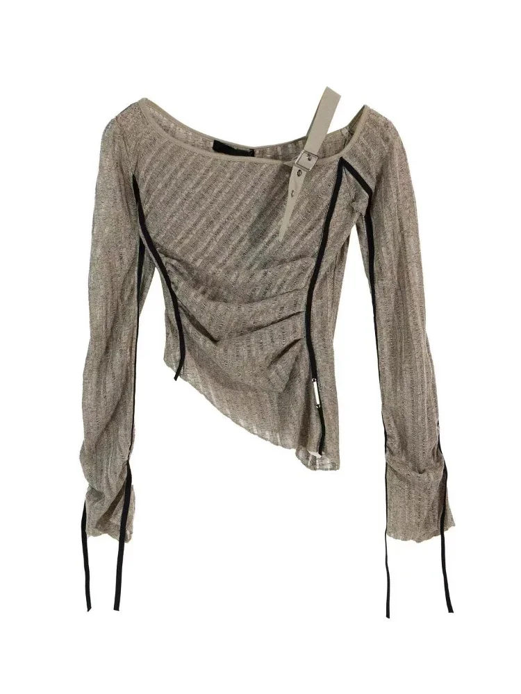 2023 moda coreana con spalle scoperte t-shirt donna Casual Slim scava fuori top lavorati a maglia Y2k Patchwork Tees abbigliamento femminile