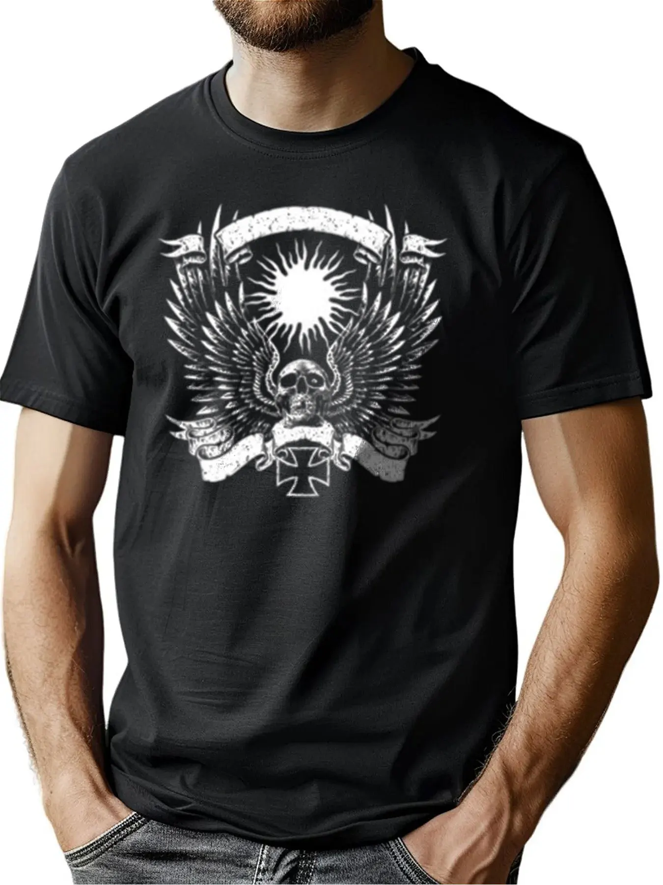 

Men's Premium Cotton Crew Neck Tee With Skull Wings Sun Cross Print, Soft Casual Shirt For Outdoor Activities, Christmas Gift F