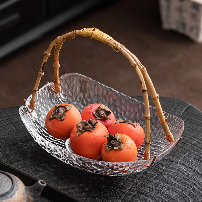 

Bamboo Rattan Basket Glass Fruit Tray Household Living Room Tea Table Snacks Dim Sum Storage Tray