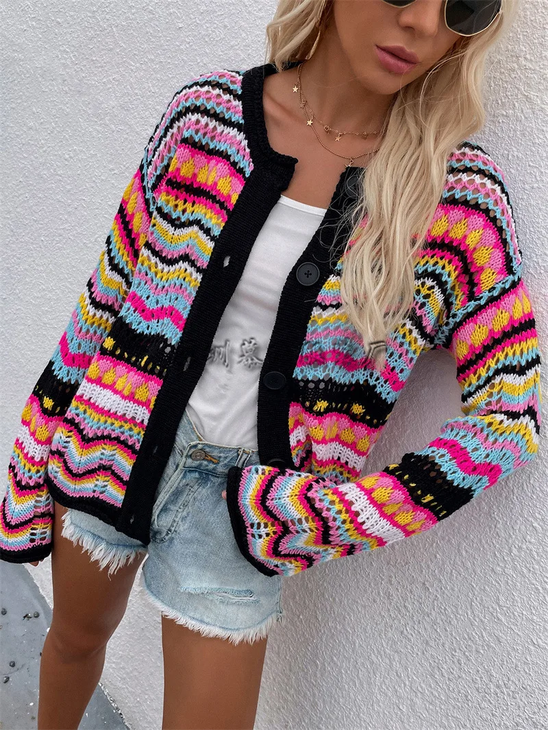 Women New Rainbow Striped Knitted Cardigan Loose Fit Sweater Cross-border Fashion Long Sleeve Outerwear