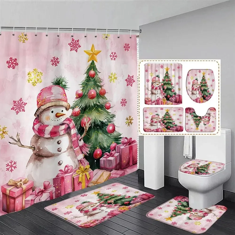 Christmas Gifts Bathroom Shower Curtain Rug Set Father Christmas Snowman Happy New Year Polyester Shower Curtains Bathroom Decor