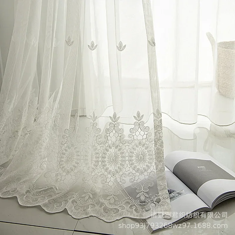 Modern Embroidered White Yarn Finished Custom-made Translucent Partition Tulle for Living Dining Room Bedroom