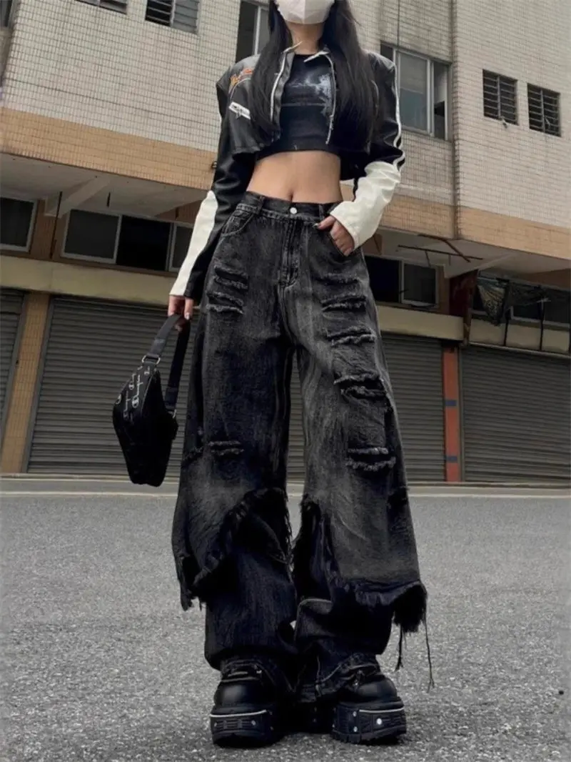 

American High Street Fake Two Piece Overall Jeans Women's 2025 Spring Autumn High Waist Slim Fringed Wide Leg Floor Trousers A76