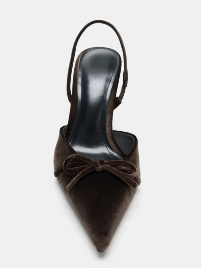 مثير أشار تو القوس عالية الكعب النساء موضة Slingback كعب رقيقة أحذية مصممين عالية الجودة فستان ستان أحذية Zapatos De Mujer