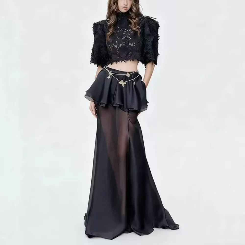 

Retro Black Floral Lace Top with Ruffled Chiffon Mini Skirt and Floor-Length Sheer Evening Gown Sexy Three-Piece Matching Set