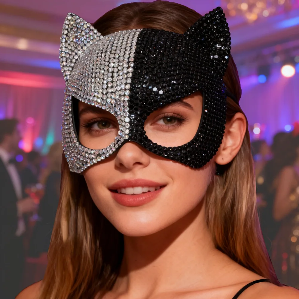

Rhinestone Cat Masquerade Cosplay Mask Face Cover Glittered Kitty Ear Carnaval Party Ball Cat Woman Accessories Mardi Gras Mask