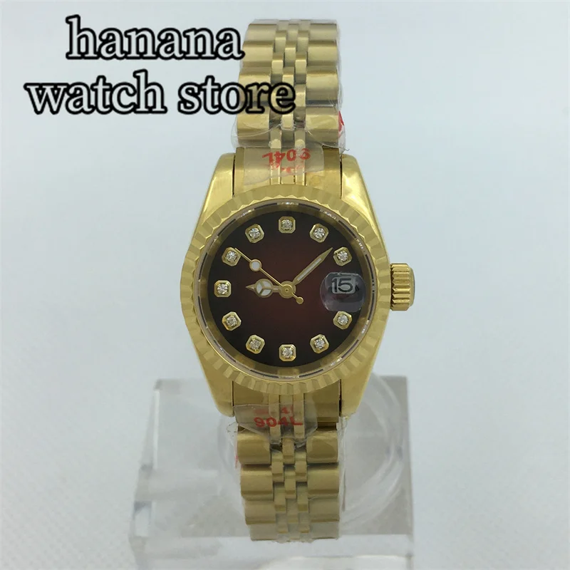 Bliger นาฬิกาทอง26มม. หรูหรานาฬิกาผู้หญิงญี่ปุ่น NH05หน้าปัดเพชรส่องสว่างด้วยมือกระจกแซฟไฟร์