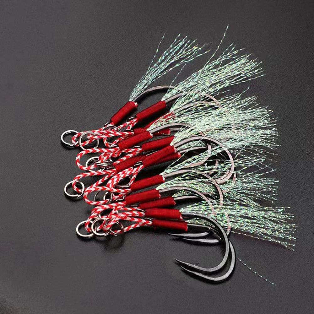 HYBOLAN 10pcs Fishing Metal lure Jigbait Single Hooks Slow Jigging Cast Jigs Assist Barbed Feather Hook Pesca High Carbon Steel