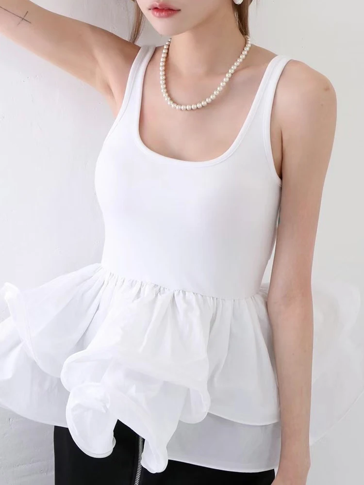 TWOTWINSTYLE Ruffles Solid Tank Tops For Women Square Collar Sleeveless Mini Summer Vest Female Fashion Style Clothing 2023 New