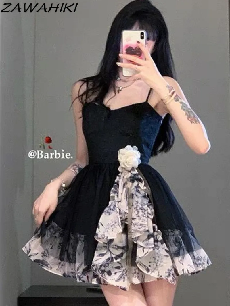 ZAWAHIKI Dress for Women Patchwork Contrast Color Summer Y2K Aesthetic Pleated All Match Chic Designed Kpop Vestidos De Mujer