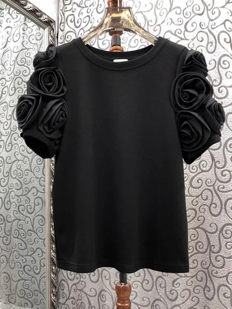 New products for summer niche women three-dimensional flower short sleeved T-shirt fashionable simple and versatile top