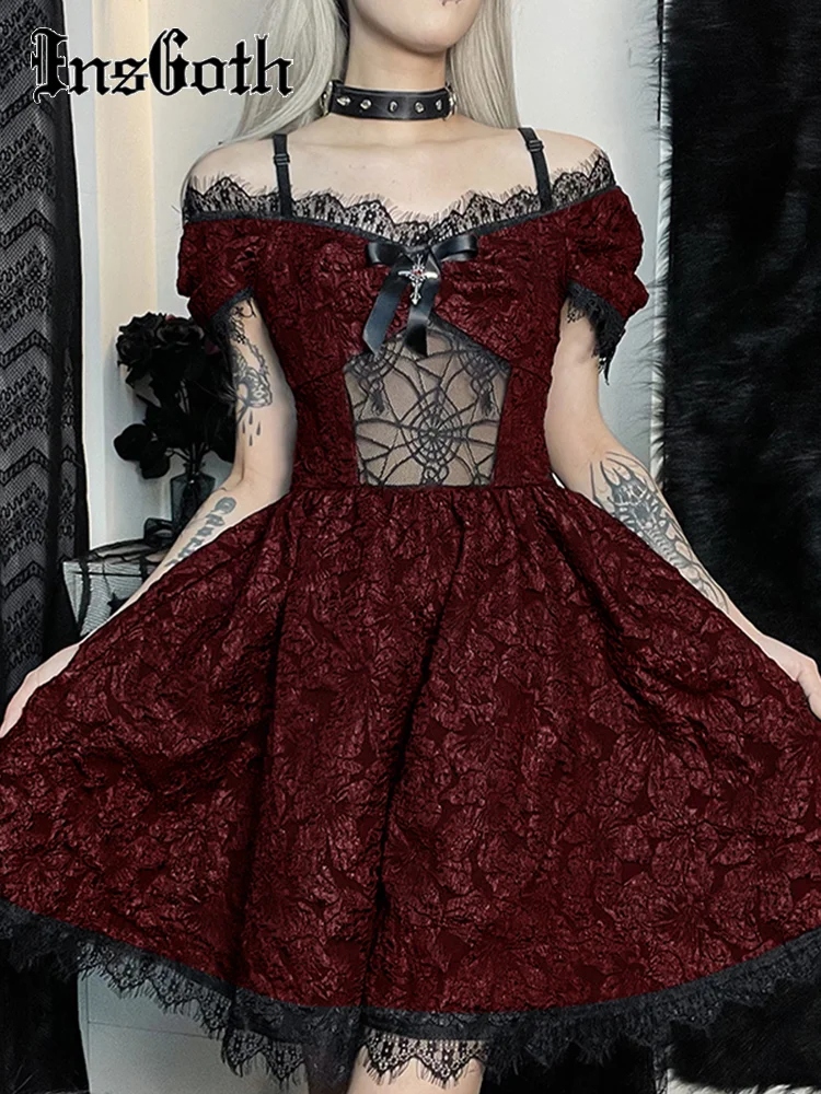

InsGoth Mini Party Dress Aesthetic One Shoulder Strap Sexy Lace Cutouts Elegant A Line High Waist Prom Dress Y2k Grunge Clubwear