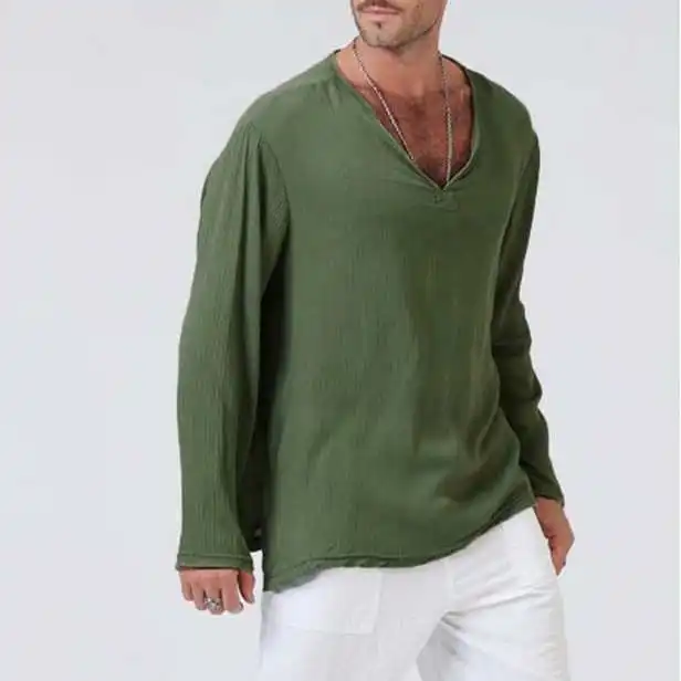 

Color V-Ne Casual Vintage Loose Long Sve irt Polyester Fiber Cotton 00% Spring Autumn Modern Sle Warmth Youth Trend