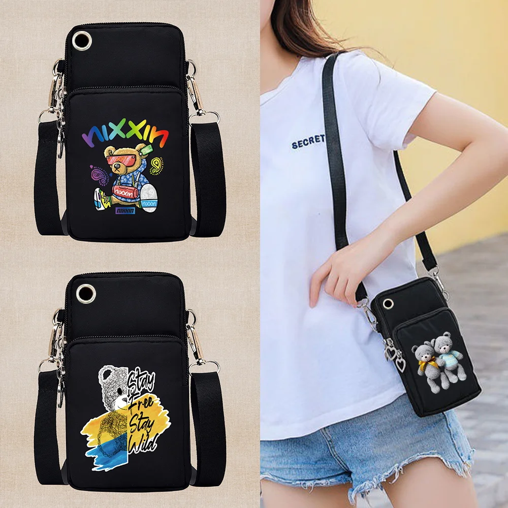 

Fashion Mobile Phone Bag Bear Pattern Multi-layer Slant Mini Bag Zipper Purse Casual Outdoor Travel Adjustable Shoulder Bags
