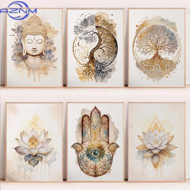Nordic Tree of Life & Buddha Canvas Prints Modern Buddhist Lotus & Tai Chi Yoga Wall Art Poster for Living Room Spiritual Decor