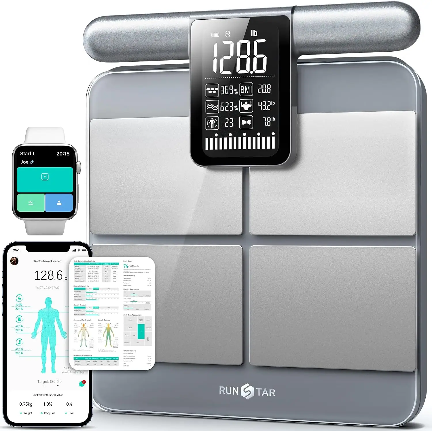 Electrode Scale Body Composition Weight Analyzer BMI Fat Muscle Mass Metrics Rechargeable Handle Screen