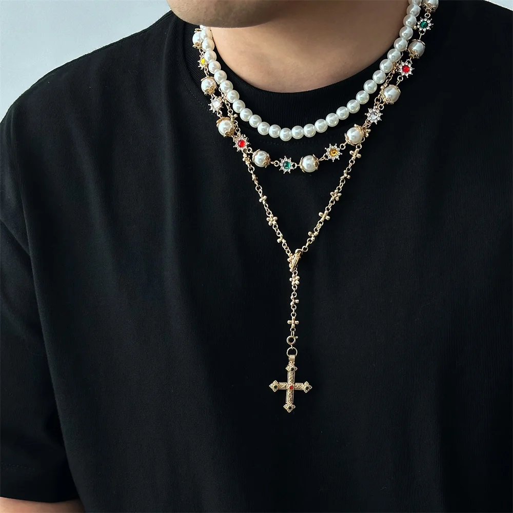 Goth Rhinestone Cross Jesus Pendant Choker Necklace for Women Elegant Imitation Pearl Beads Chain Necklace Set Party Jewelry