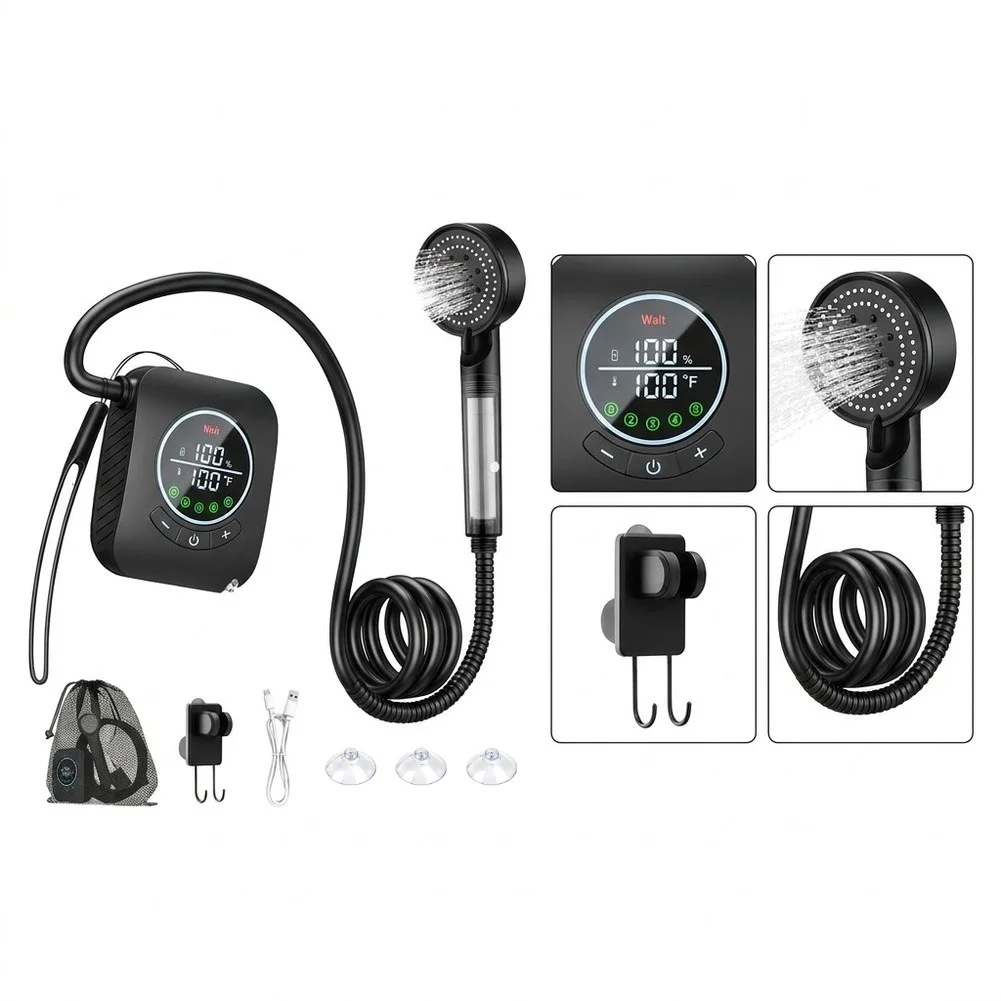 Portable Rechargeable Outdoor Shower Electric 8000mAh Battery 5 Spray Settings LED Indicator for Temp and Power Level