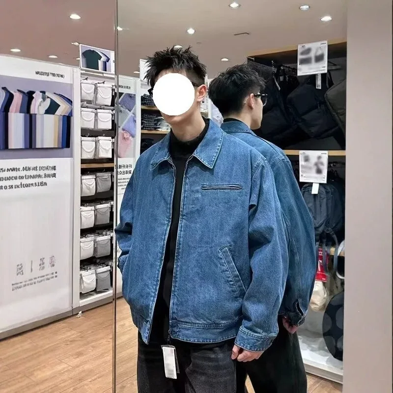 Men's Casual Loose Denim Jacket 2026 Autumn New American High Street Washed Zipper Jacket Coat Korean Fashion Streetwear