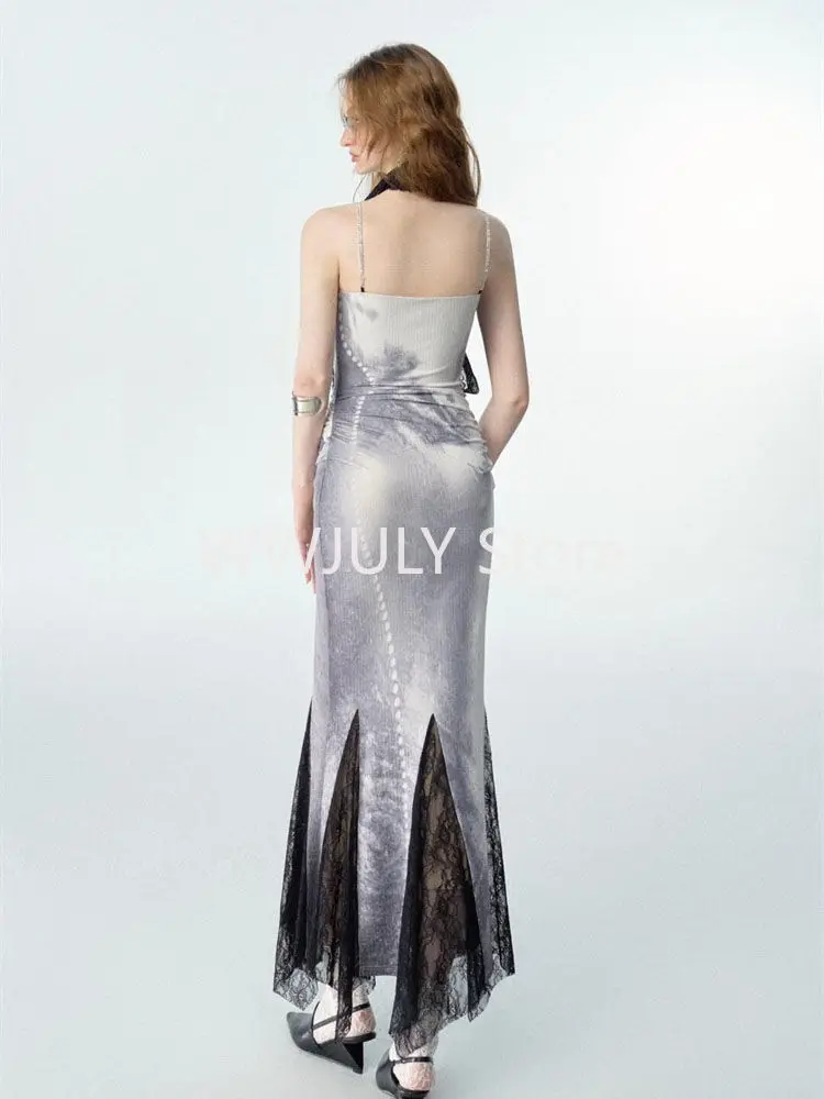 Women Patchwork Elegant Lace Dress Slim Sexy  Sleeveless Midi Dress Party Vintage Y2k One Piece Dress Korean Fashion Chic