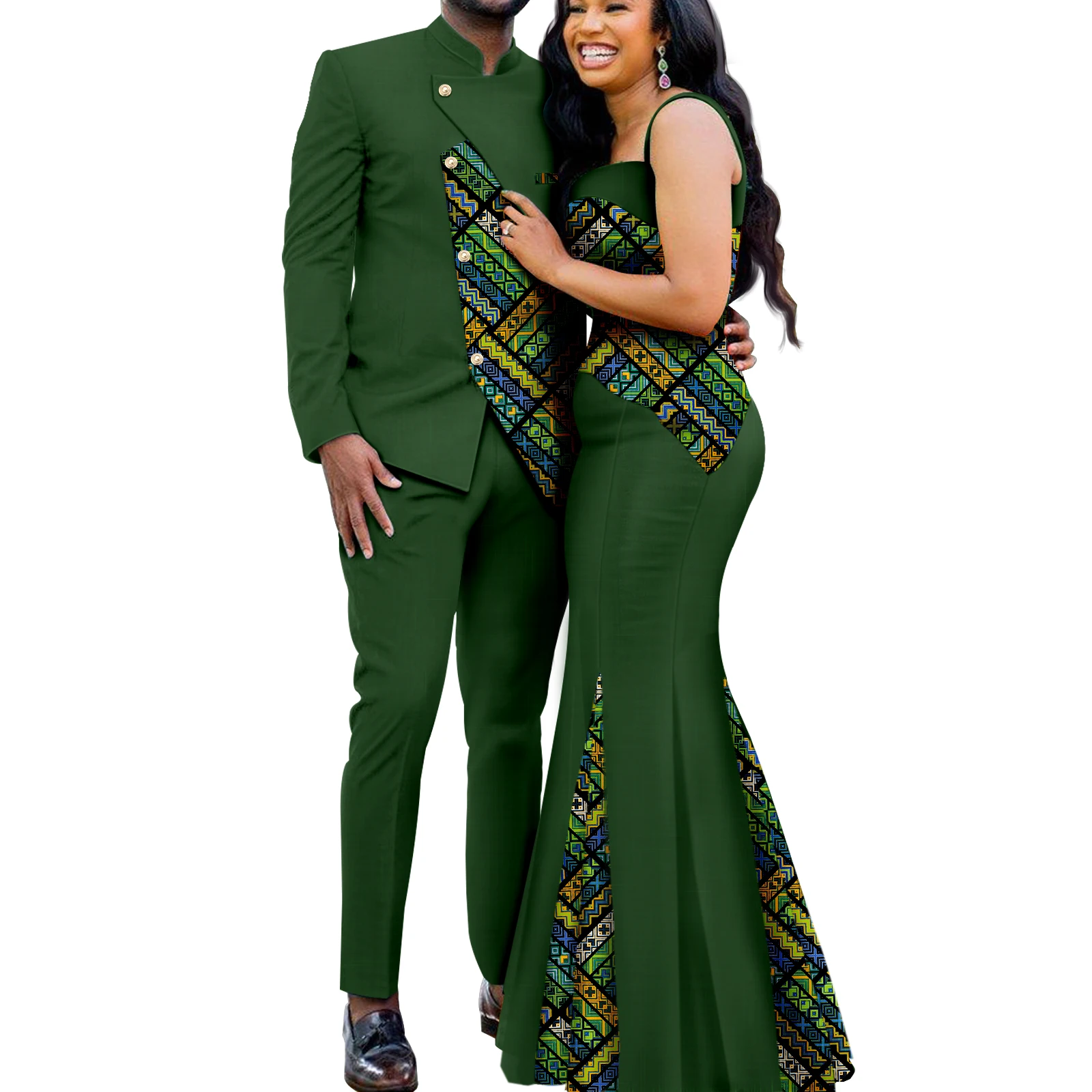 African Couples Women Print Wax Cotton Fashion Patchwork Hot Dress& Men 2 Pieces Shirt and Pants Sets