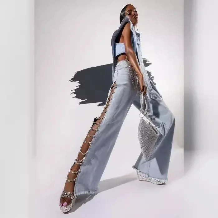 Wide Leg Pants Mom Jeans Women Hollow Out Diamonds Chain Low Waist Streetwear Denim Y2k Vintage Sexy Full Length Trousers