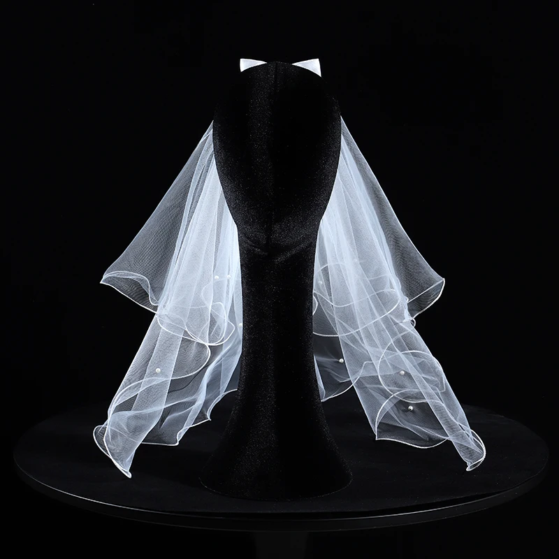 White bridal veil, Two Layer elbow length veil, simple bow decoration suitable for women\'s wedding and ball accessories