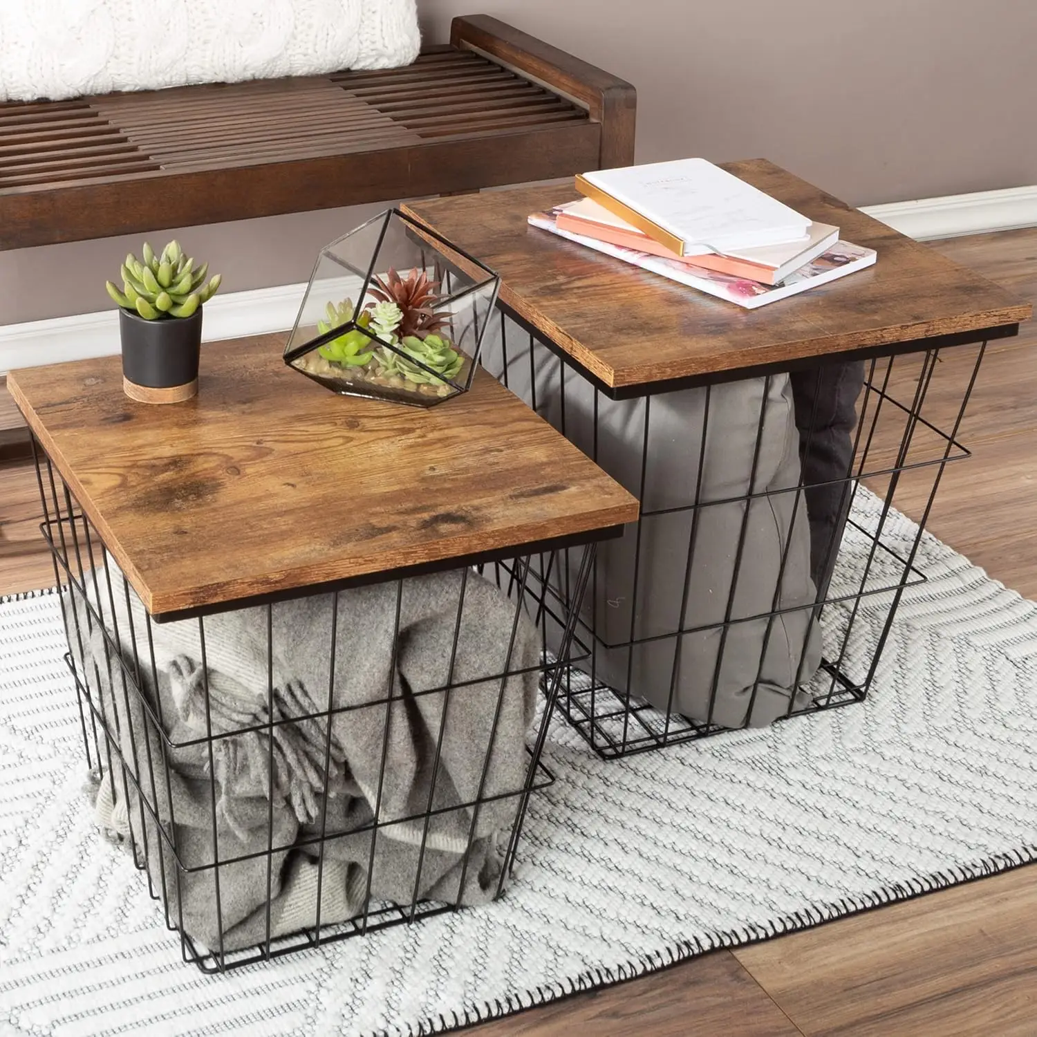 End Tables Set Of 2 - Nesting Tables With Removable Wood Tops And Metal Basket Bases For Blanket Storage - Square Side Tables